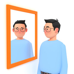 A man stands and looks in a mirror that reflects another emotion within him. 3D Scene