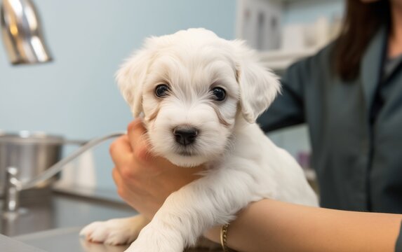 young doctor veterinarian examining a puppy 