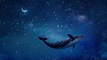Obraz na płótnie Canvas Gentle whale gliding under a starry sky with a crescent moon hanging low minimal elegance