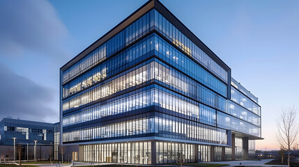 A smart office building equipped with the latest in technology and energy efficiency setting a new standard for the workplace. - obrazy, fototapety, plakaty