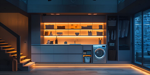 Efficient Laundry Retreat Clean and Organized Setup with large glass window and blue background Ai Generative