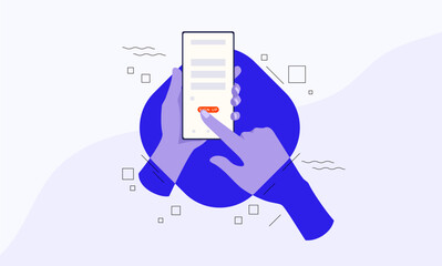 vector illustration hand holding a smartphone, clicking on the smartphone screen, illustration of clicking sign up to register online site, tapping the screen. sign up display on the cellphone screen