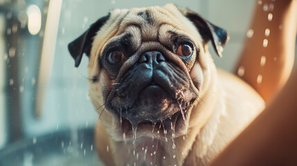 Owner or groomer washes the dog in the shower. Close-up of a wet pug's muzzle. The owner takes care of the pet. Convenient shower for dogs. Cute pug