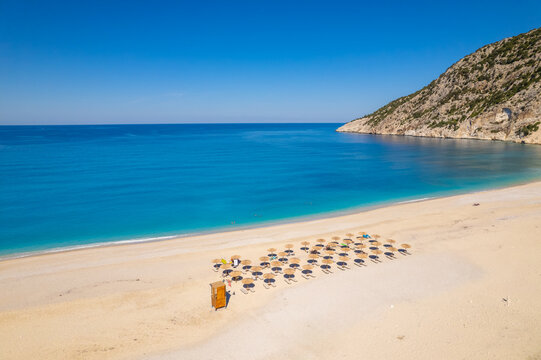 Beautiful Myrtos beach on a sunny summer day on Kefalonia island, Ionian sea, Greece