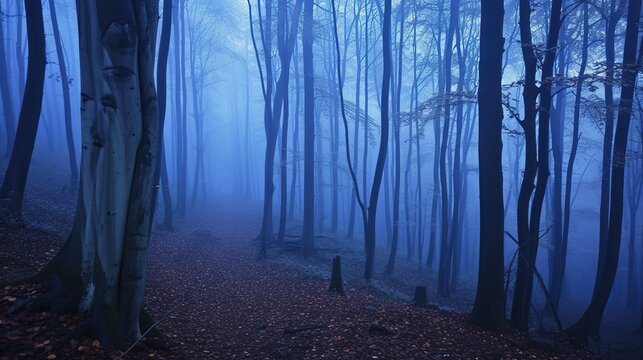 Scenery beautiful mystical forest in blue fog in autumn