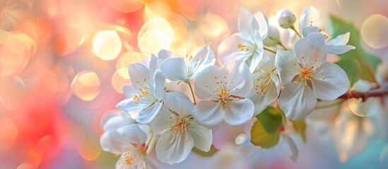 Beautiful delicate white flowers blooming on a tree branch in springtime nature