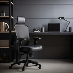 Professional Home Office with High-Back Black Chair and Dark Monochrome Theme