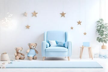 Small light blue armchair for kid standing in white room interior 