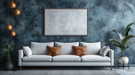 Sophisticated living room design in shades of blue with a comfortable light sofa and an empty mockup decorating the wall. Copy space