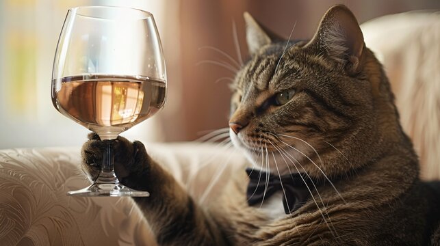Elegant cat holding a wine glass a blend of sophistication and whimsy