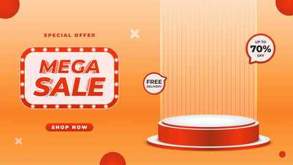 Mega sale promotion background podium with discount and free delivery