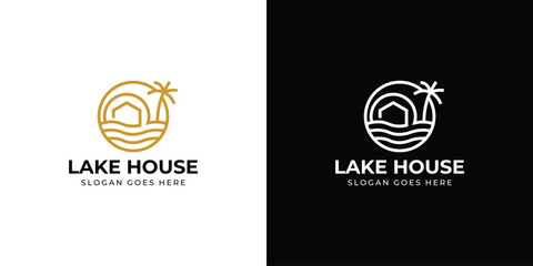 Creative Lake House Logo. River House with Linear Outline Style Icon Symbol Vector Design Template.