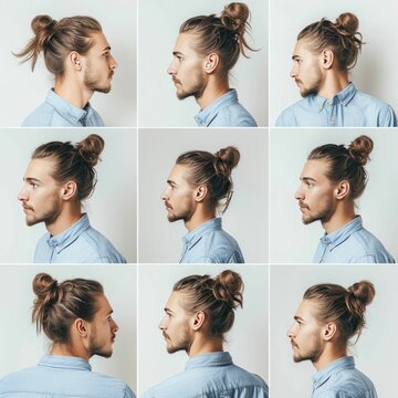 Wide multiple-frame photo sheet, man with Top Knot and brown hair, wearing a blue shirt, diverse angles, on white background