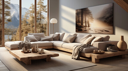 Modern, spacious, cozy living room interior of cottage with corner sofa, coffee table, carpet, and panoramic windows with a beautiful view of nature during a sunny day 