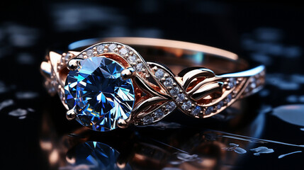 Closeup photo of the elegant brilliant golden ring with massive diamond and gems on the reflecting minimalistic dark blue surface