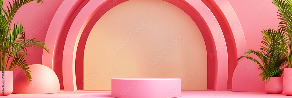 Poster a minimalist stage set against a pastel background, where geometric shapes create a space for displa