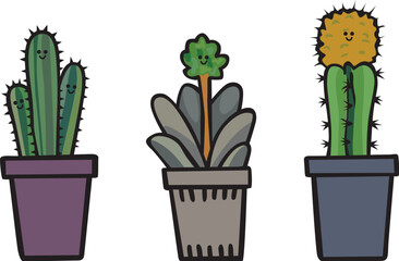Cartoon illustration of three succulent plants in pots