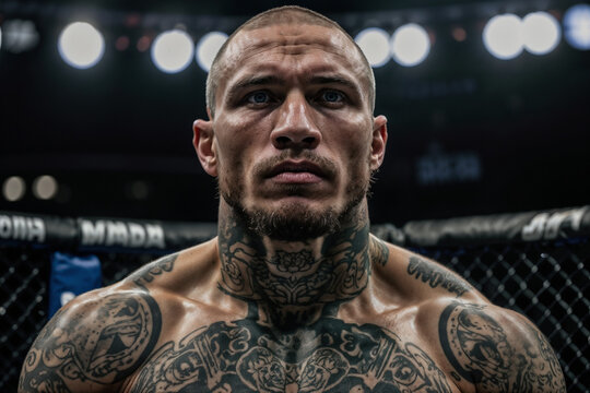 Un luchador de artes marciales mixtas con varios tatuajes que cubren sus brazos y torso se encuentra dentro de una jaula de pelea. El hombre parece fuerte y confiado, con una expresi&oacute;n seria en su ros
