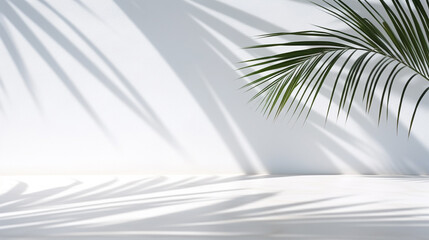 Blurred shadow of palm tree on a white wall minimalist - product background