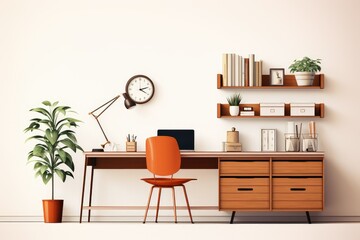Interior of modern home office with wooden desk, chair and bookshelf. Workplace concept. 3D Rendering. eco friendly comfortable environment for work. minimalist office.