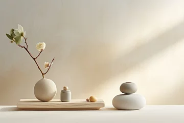 Dekokissen Minimalistic composition with zen stones, pebble and gypsophila flowers on wooden shelf. calm and tranquility. © Jahan Mirovi