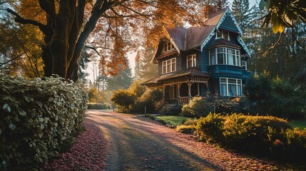 The image depicts a charming two-story Victorian house with dark blue trim and a steeply pitched roof. It sits nestled among autumn-hued trees, with sunlight filtering through the branches creating a 