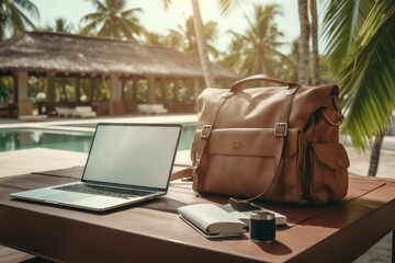 Laptop computer, mobile phone, coffee cup and travel bag on wooden table near swimming pool. vacation and working concept. lifestyle. adventure.
