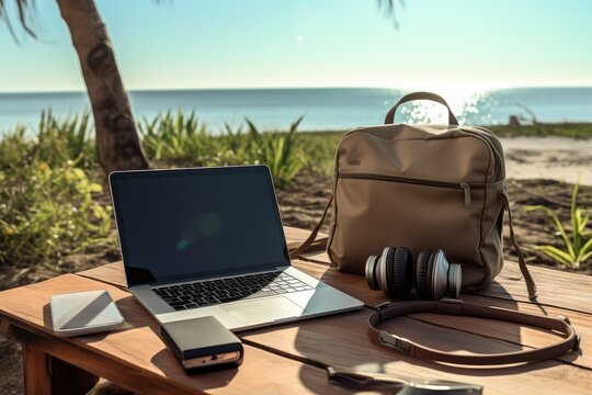 Laptop with blank screen, headphones and mobile phone on wooden table with sea background. calm and vacation. active lifestyle.