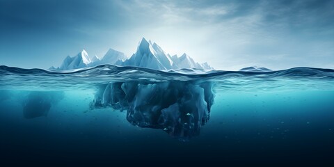 An iceberg concealed beneath turquoise waters serves as a chilling symbol of climate crisis. Concept Environment, Climate Crisis, Natural Disasters - obrazy, fototapety, plakaty