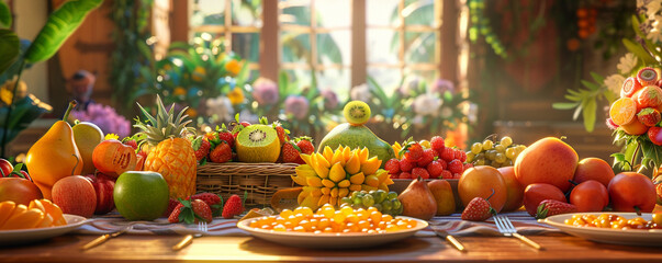 A dining table scene straight from a cartoon where characters and an abundance of fresh fruits create a picture of happiness and health - obrazy, fototapety, plakaty