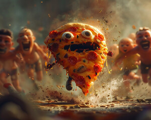 A pizza with arms and legs races after laughing people blending high speed chase with cartoonish fun - obrazy, fototapety, plakaty
