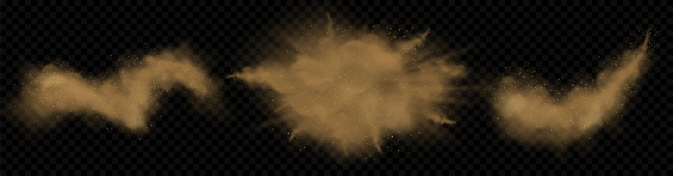 Dust powder. Sand dirt smoke or splash effect, mud texture overlay clouds wind and sandstorms. Brown flying particles, sandy desert, city smog realistic. Vector isolated on black background set