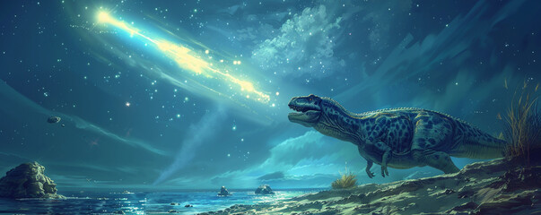 An underwater dinosaur watches as a meteorite illuminates the sea a dance of light and shadow in ancient waters