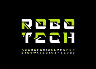 Technical future font, digital cyber alphabet, multi-colored bold letters from A to Z and numbers from 0 to 9 for robotic style design, vector illustration 10EPS