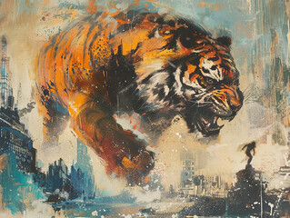 In the citys heart a person atop a fierce tiger confronts invading monsters a dynamic dance of bravery