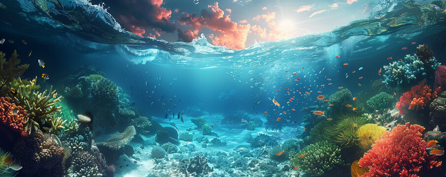 In a split world of day and night space perspective reveals rich underwater ecosystems and vibrant terrestrial life