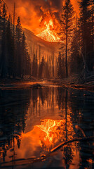 Obraz premium Wildfires reflection on a tranquil river creating a stark juxtaposition of beauty and devastation invoking deep reflection