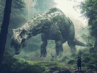 Time blend of epochs humans of the past on a hunt facing off against majestic dinosaurs in a lush landscape