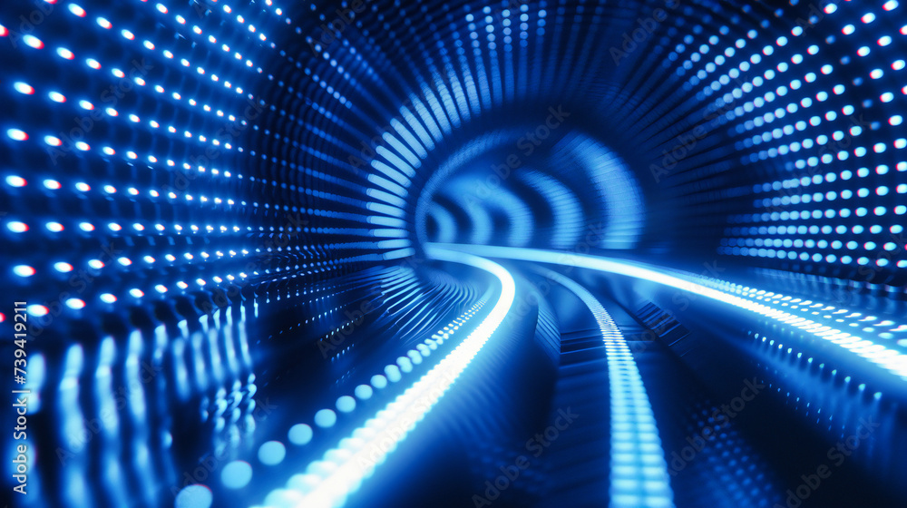 Poster an exploration into the futuristic realm of technology and speed, visualized through a neon-lit tunn