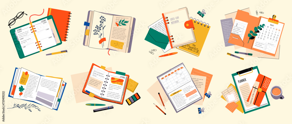 Poster diary notebook. book hand note by pen write doodle on school paper page, trendy open notepad. top vi