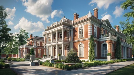 Obraz premium A grand, stately brick mansion with elegant columns and manicured gardens under a clear, blue sky.