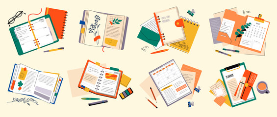 Diary notebook. Book hand note by pen write doodle on school paper page, trendy open notepad. Top view isolated elements. Office or school stationery, daily and weekly organizer. Vector icons - Powered by Adobe