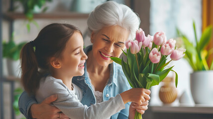 The granddaughter congratulates her beloved grandmother on spring holiday of March 8 or her birthday. Joyful senior woman receiving bouquet of pink tulip flowers from cute child - obrazy, fototapety, plakaty