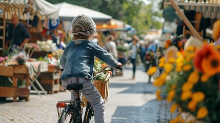 Kid on a bicycle with a basket full of fresh flowers weaving through a bustling farmers market