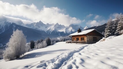Fototapeta premium Majestic mountain range, covered with a layer of snow, beautiful and lonely cottage located in the valley