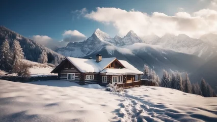 Crédence de cuisine en verre imprimé Montagnes Majestic mountain range, covered with a layer of snow, beautiful and lonely cottage located in the valley