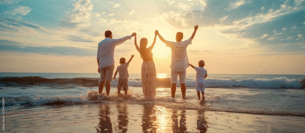 Poster Serene family enjoying beautiful sunset beach together in the ocean