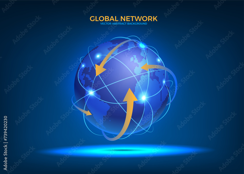 Aufkleber World globe. Global network map. Internet connect technology. Satellite Earth travel. Planet and arrow line. Web tech. Digital communication. Online connection. Vector abstract background
