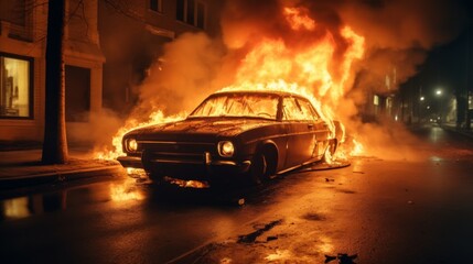 A car is on fire on a city street. Street disturbances, damage to private property, fire hazard.