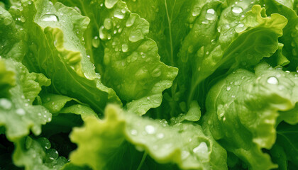 Vibrant Lettuce Harvest: Close-Up Image of Fresh Salad Leaves with Water Droplets - Perfect Visual Representation of Healthy Eating and Sustainable Farming Practices - Green Leaf with Drops